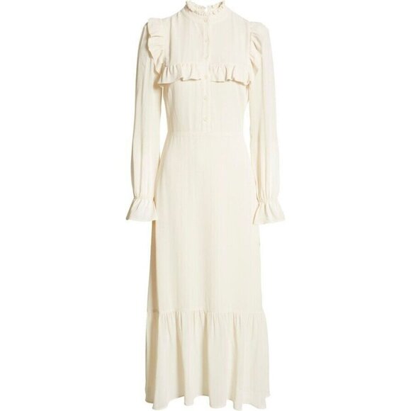 NWT Reformation Hallie in Cream Long Sleeve Ruffle Trim Midi Dress 4 $278 - Picture 1 of 6
